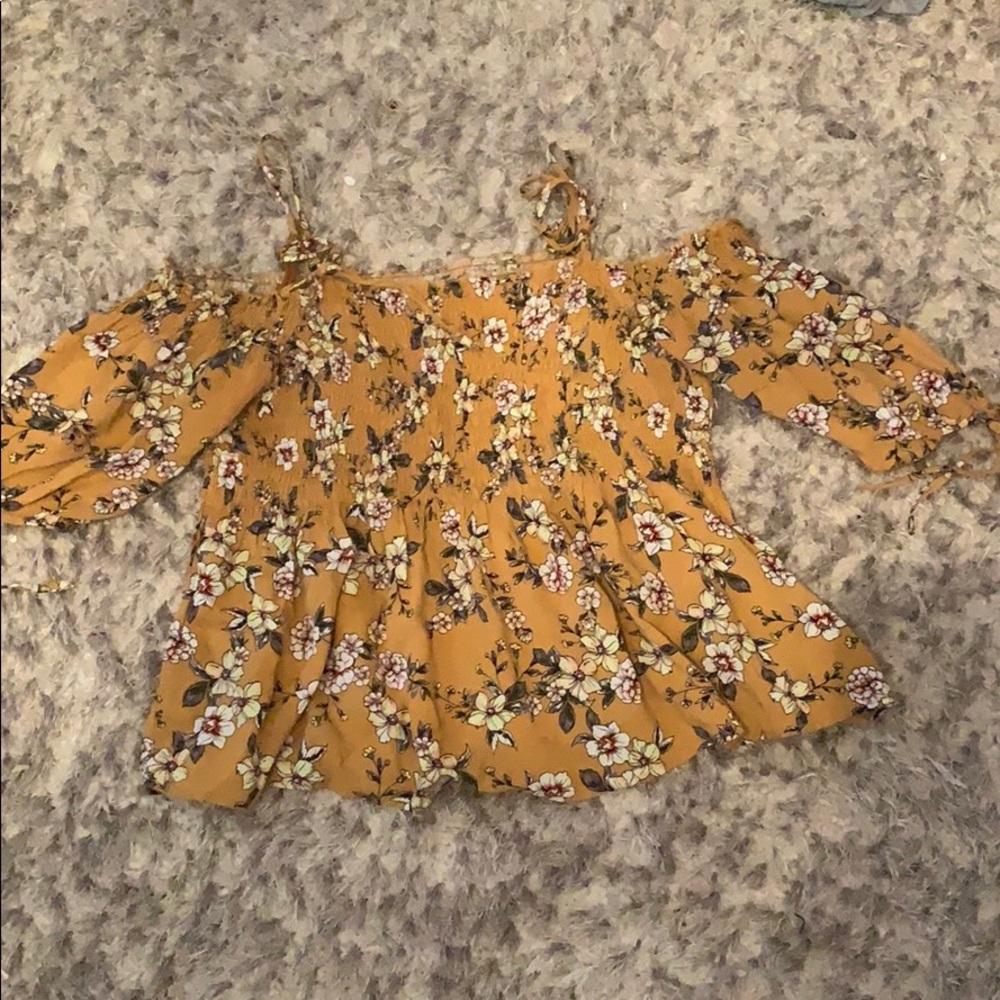Floral, yellow, off the shoulder shirt with straps